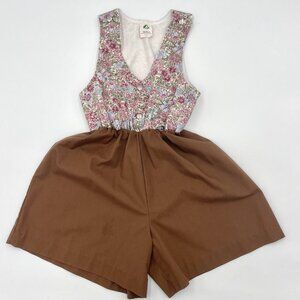 Vintage Girl Scout‎ Uniform Romper Floral Twill Brownie Size 7 Brown Pink Snaps